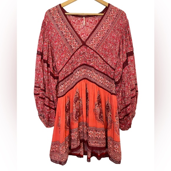 Free People Boho Dress Luna Scarf Print Red Coastal Cowgirl Balloon Sleeves XS - Picture 8 of 15